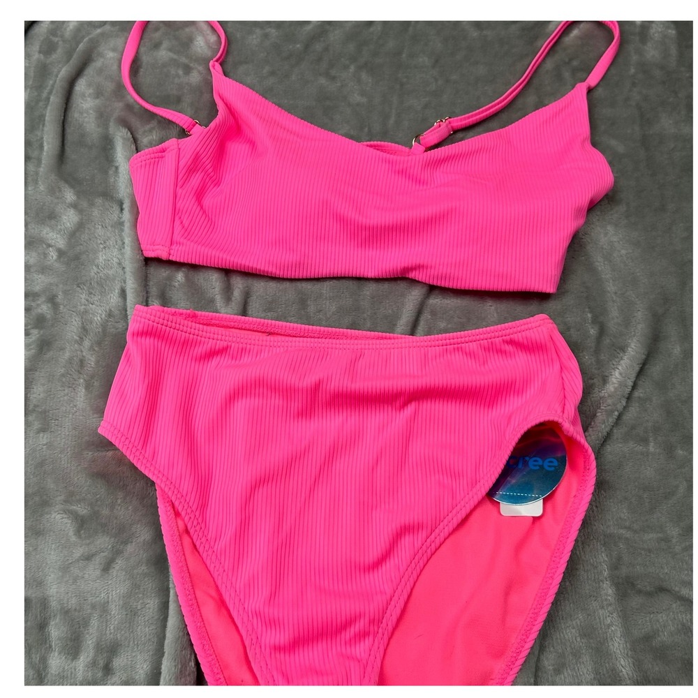 Decree Ribbed Bikini Set XS Electric Pink 2 Piece Swimsuit Cheeky High Waist new